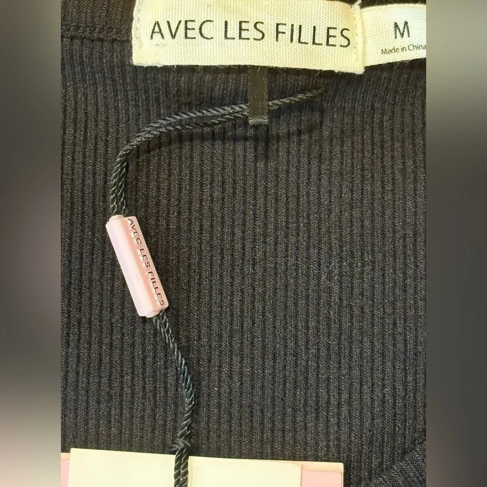 Avec Les Filles Black Ribbed Long Sleeve Bodysuit Asymmetric Neckline Medium NWT - Picture 5 of 5